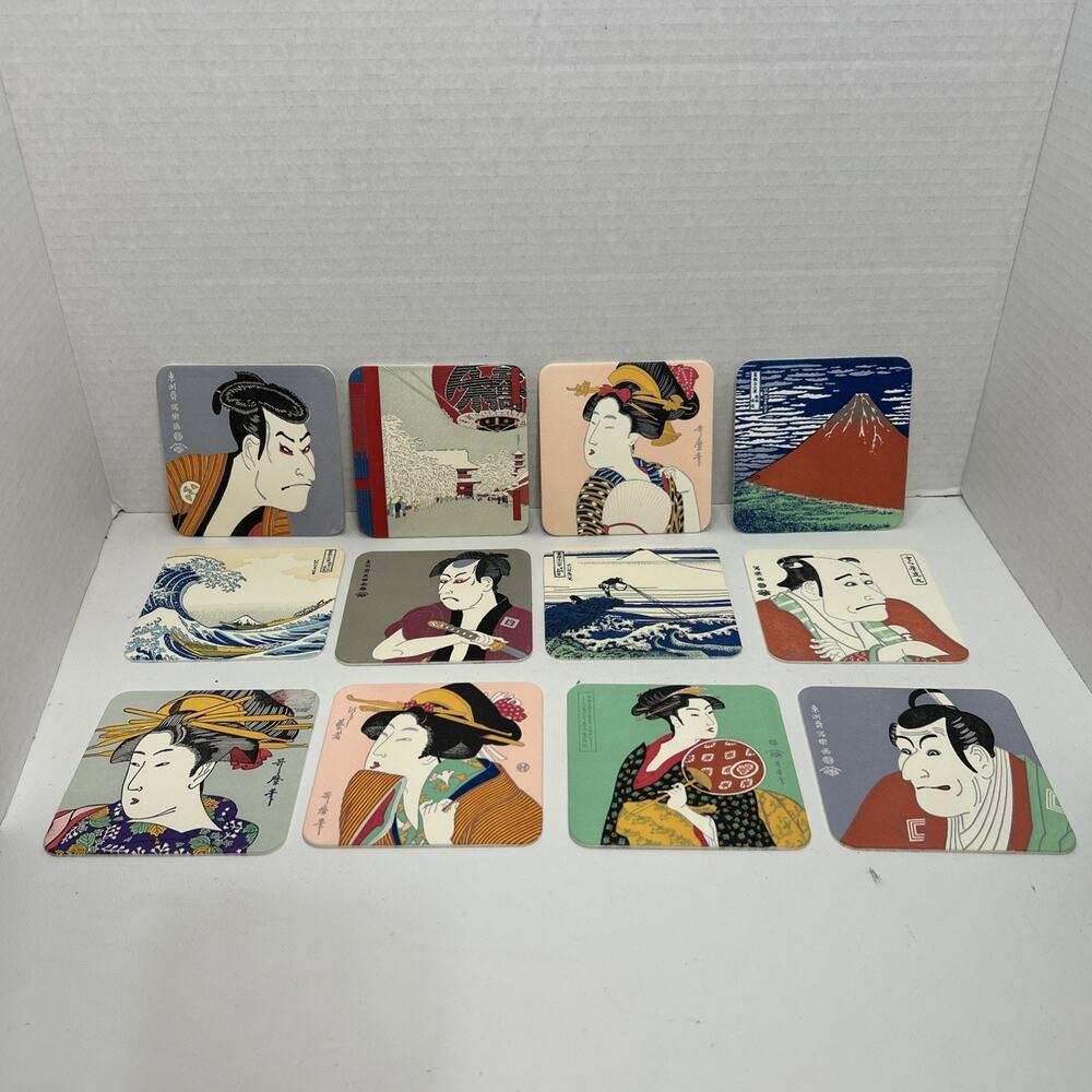 Vtg Ukiyoe Japanese Fine Art Paper Coasters Box Set of 12 Unused Complete